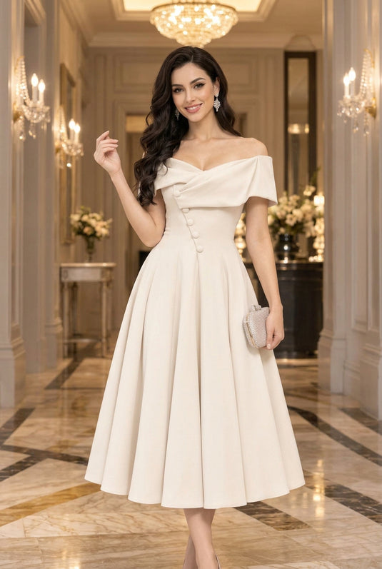 Ivory Off-Shoulder Skater Midi Dress
