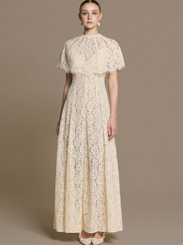 Ivory Lace Capelet Maxi Dress