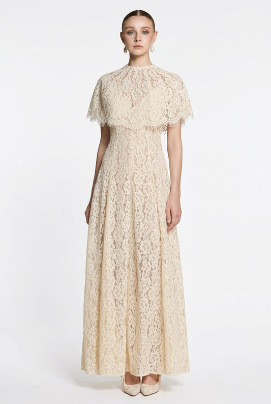 Ivory Lace Capelet Maxi Dress