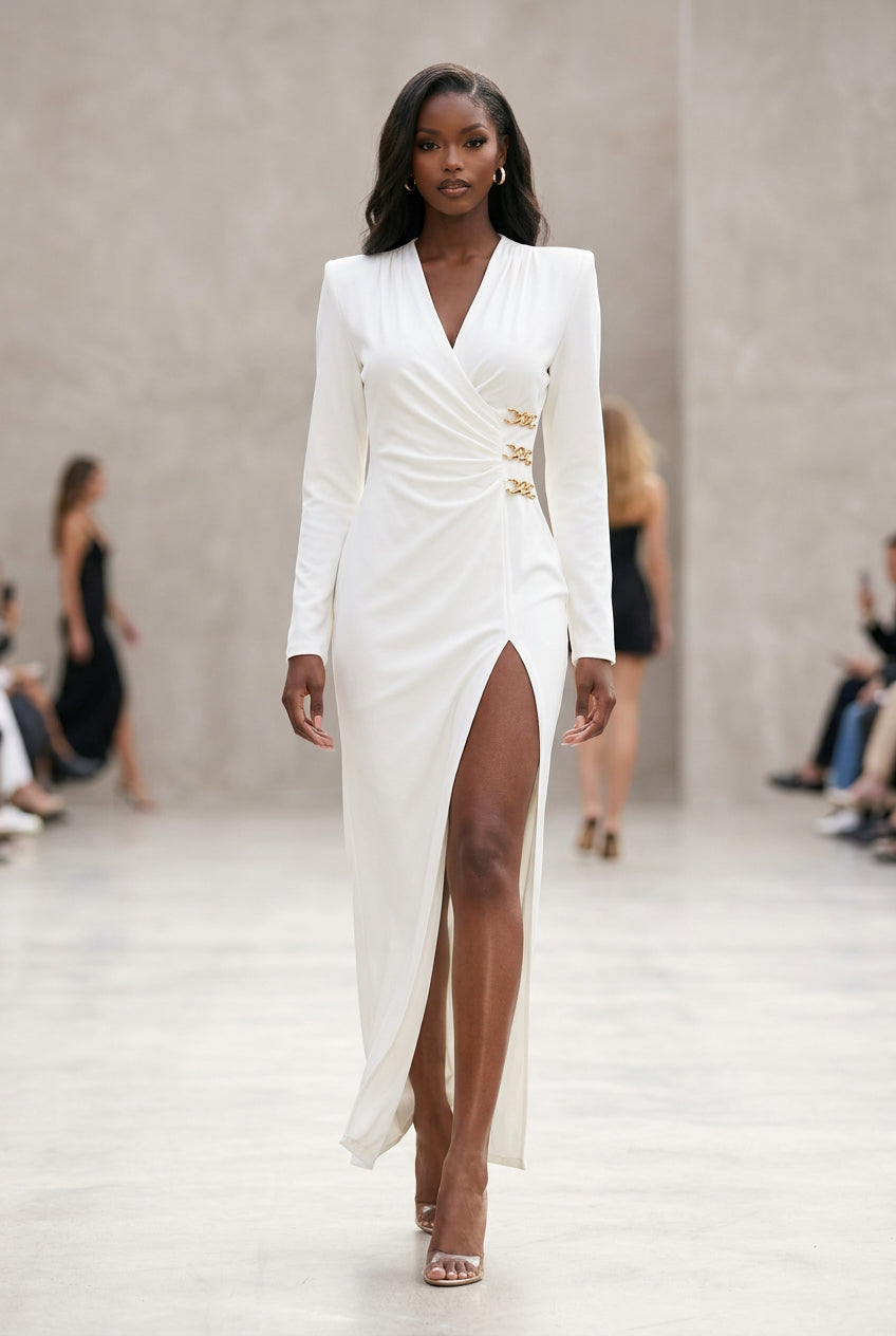 White Wrap Maxi Dress with Thigh Slit