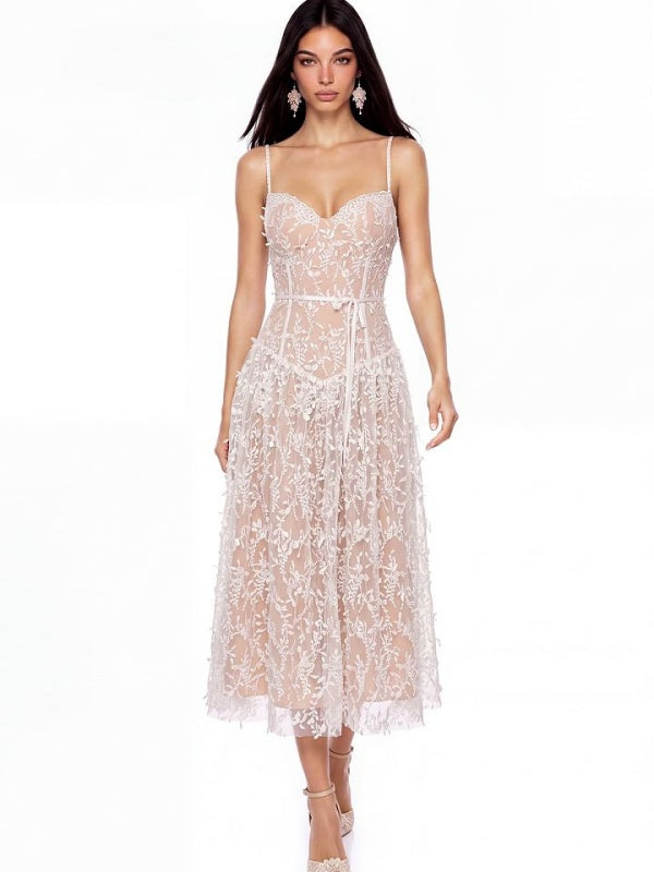 Ivory Lace Spaghetti-Strap Midi Dress