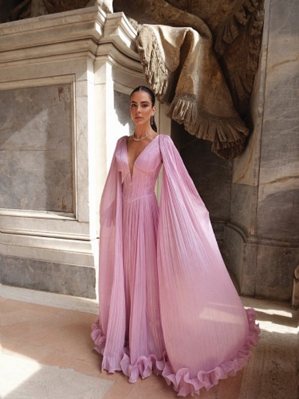 Blush Pleated Cape Gown