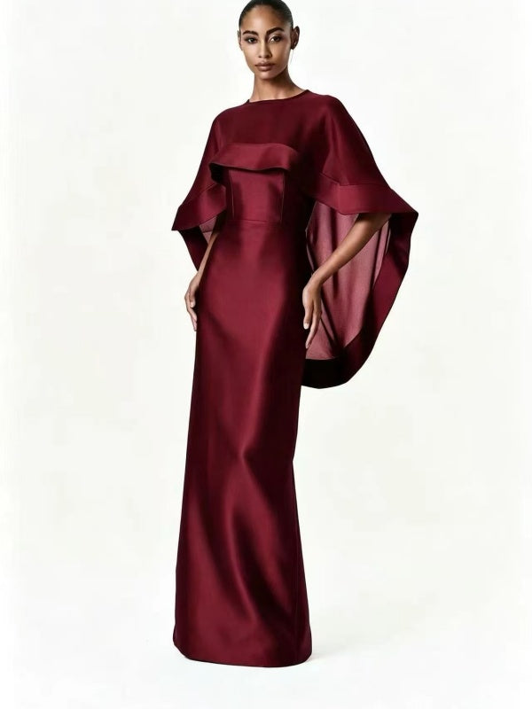 Burgundy Satin Cape Gown