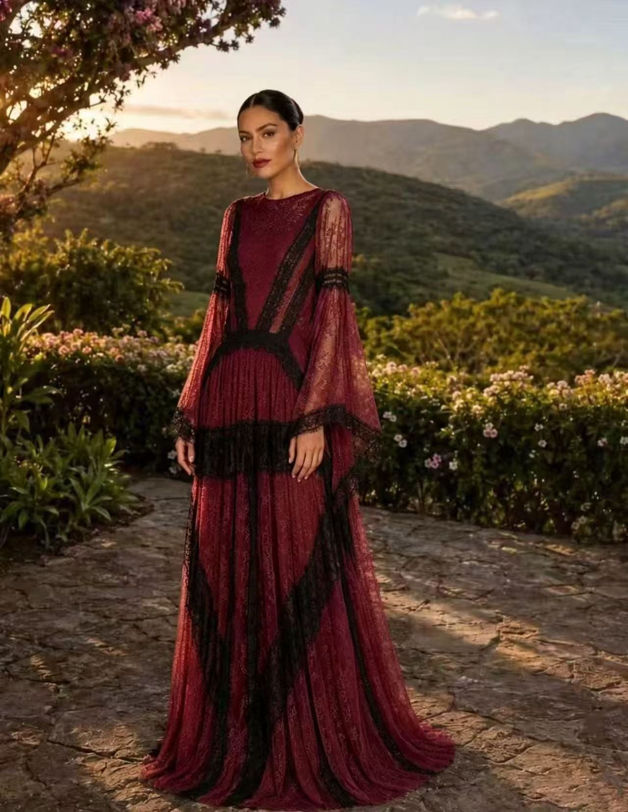 Burgundy Lace Bell-Sleeve Maxi Dress