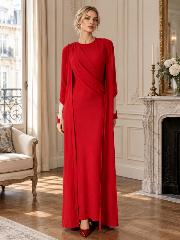 Red Cape-Sleeve Maxi Dress
