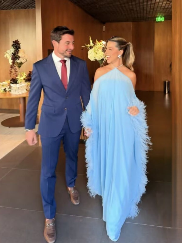 Powder Blue One-Shoulder Feather Trim Maxi Dress