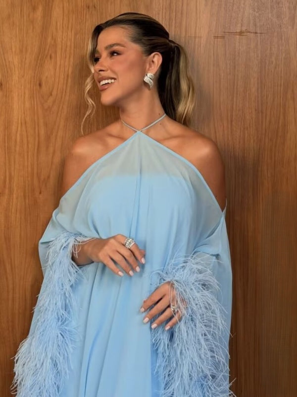 Powder Blue One-Shoulder Feather Trim Maxi Dress