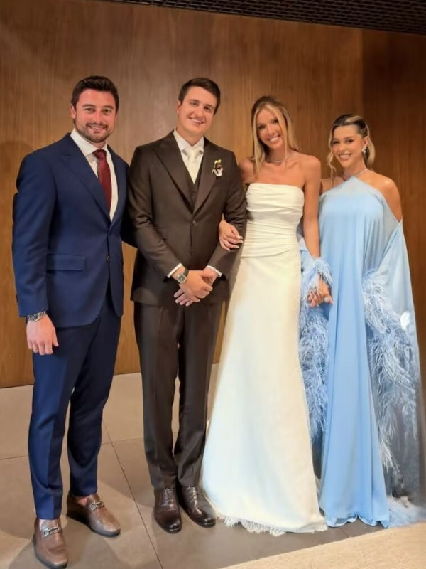 Powder Blue One-Shoulder Feather Trim Maxi Dress