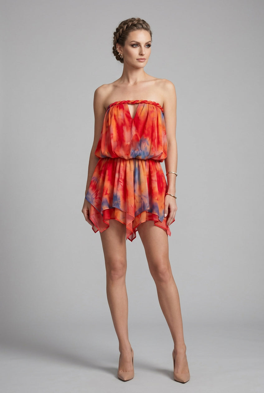 Sunset Tie-Dye Strapless Keyhole Mini Dress