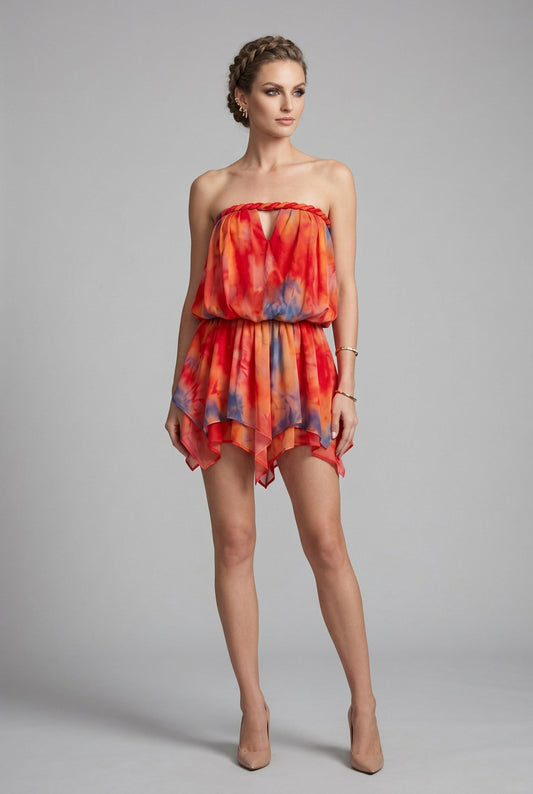 Sunset Tie-Dye Strapless Keyhole Mini Dress