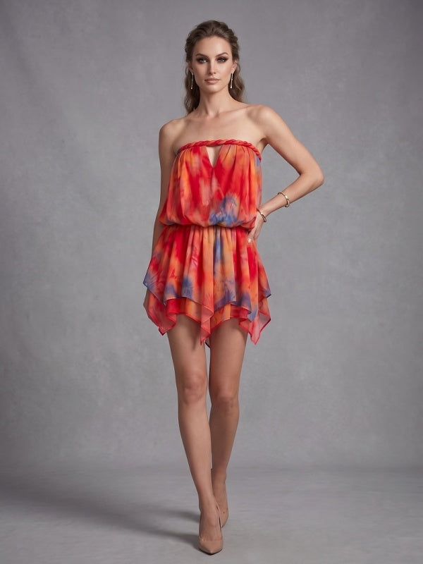 Sunset Tie-Dye Strapless Keyhole Mini Dress