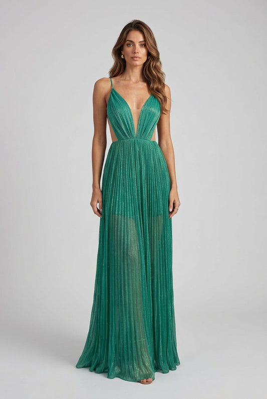 Emerald Pleated Plunge Maxi Dress