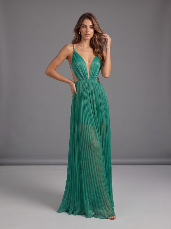 Emerald Pleated Plunge Maxi Dress
