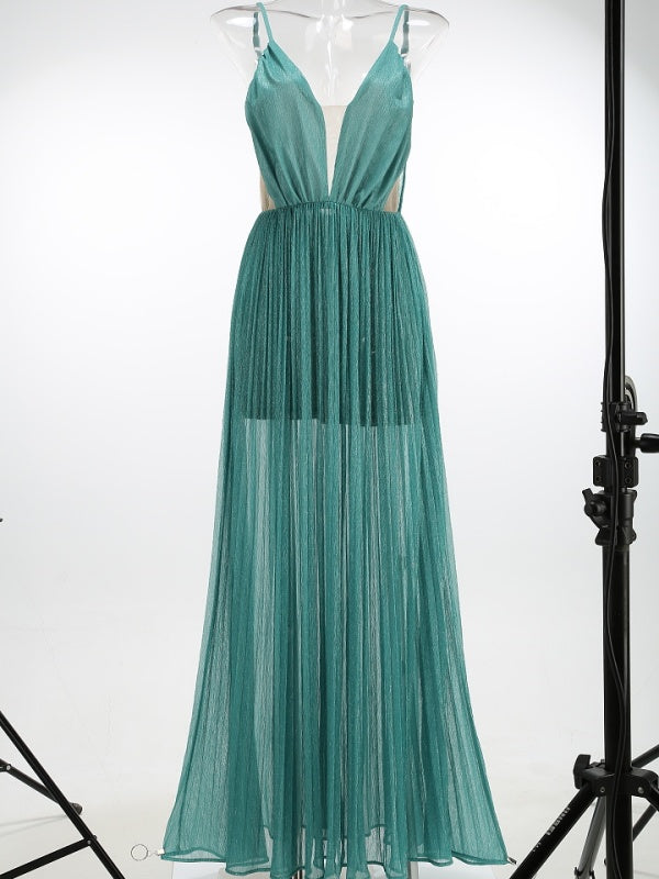 Emerald Pleated Plunge Maxi Dress