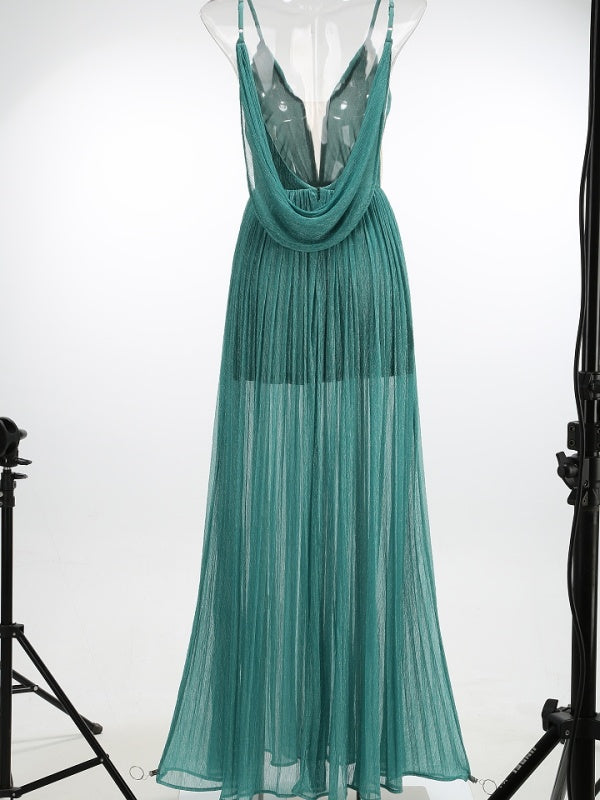 Emerald Pleated Plunge Maxi Dress