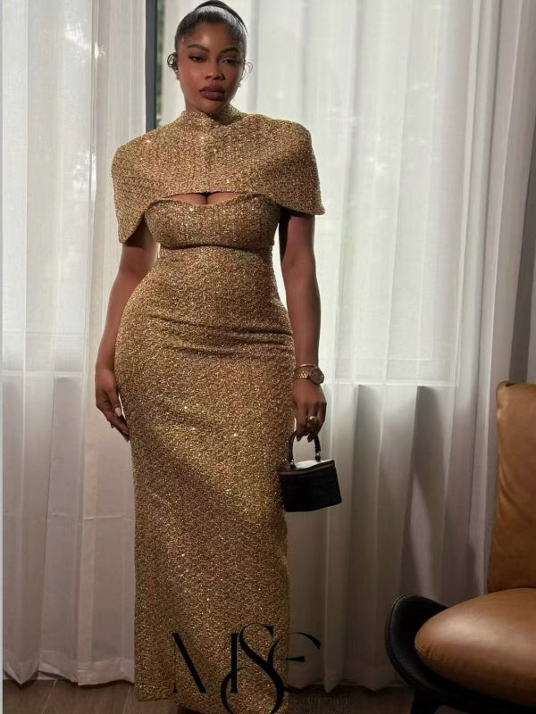 Gold Sequin Capelet Maxi Dress