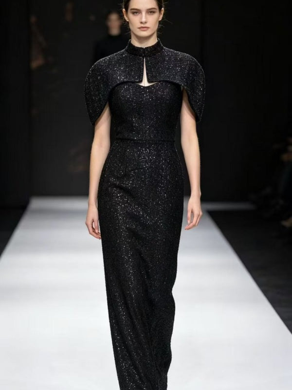 Gold Sequin Capelet Maxi Dress