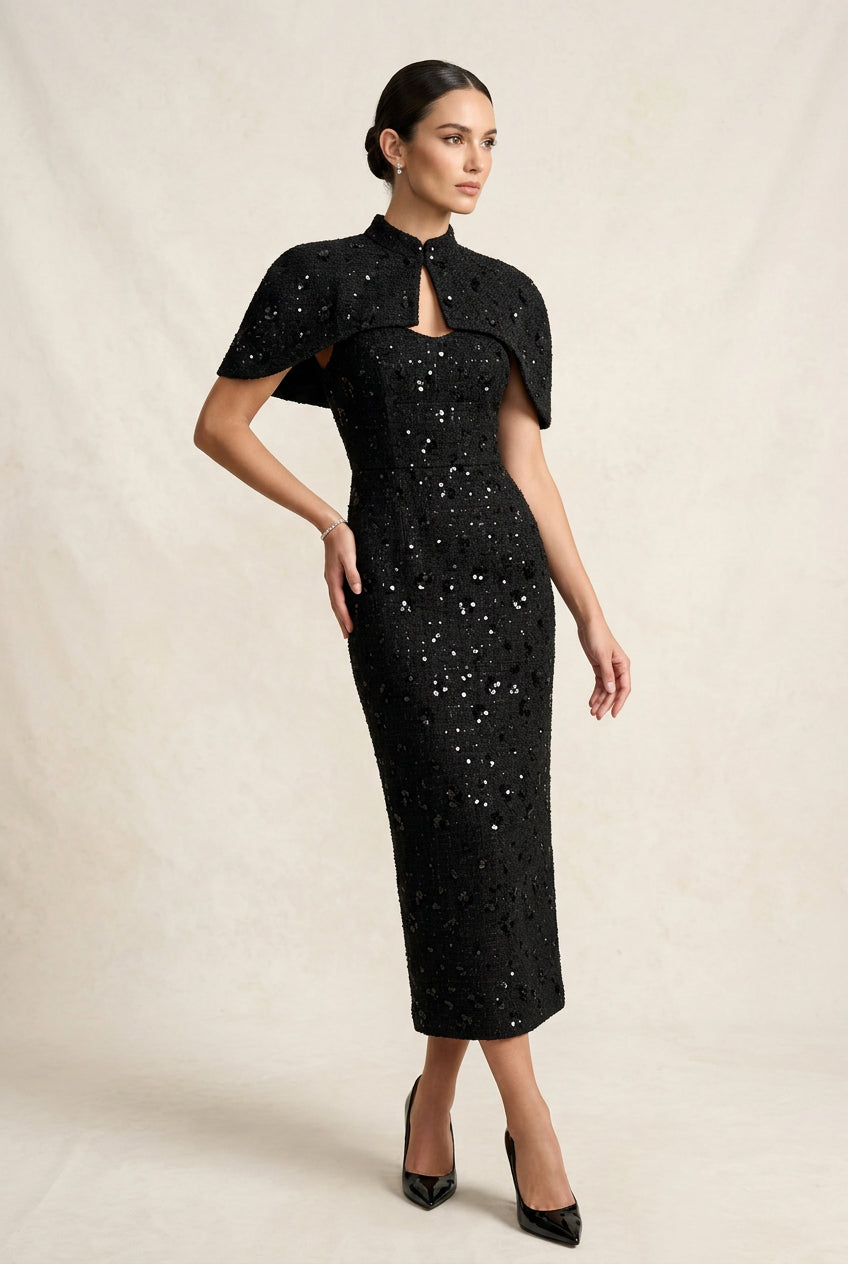 Gold Sequin Capelet Maxi Dress