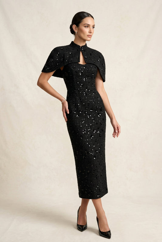 Gold Sequin Capelet Maxi Dress