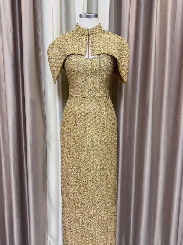 Gold Sequin Capelet Maxi Dress