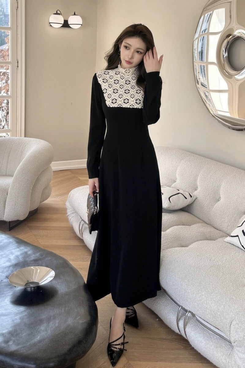 Black Crochet Yoke Long Sleeve Midi Dress