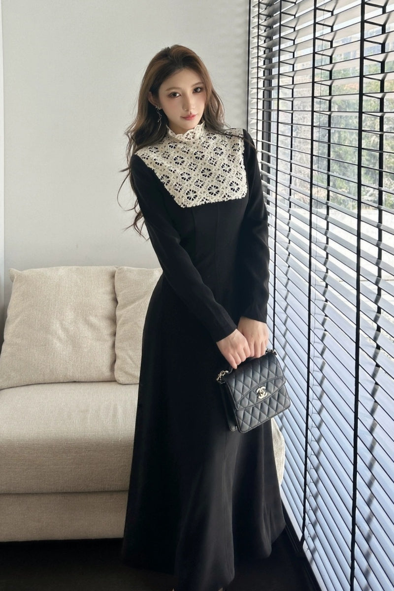 Black Crochet Yoke Long Sleeve Midi Dress