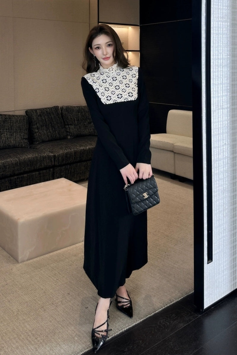 Black Crochet Yoke Long Sleeve Midi Dress