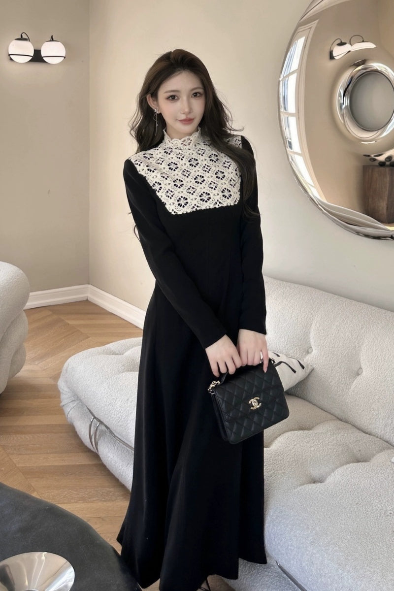 Black Crochet Yoke Long Sleeve Midi Dress