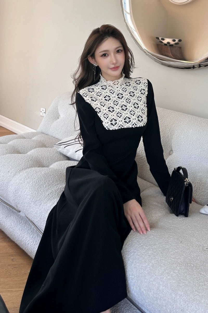 Black Crochet Yoke Long Sleeve Midi Dress
