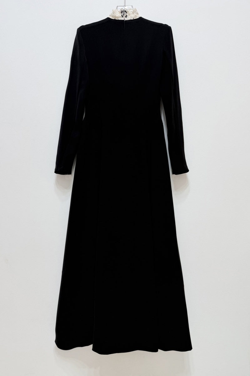 Black Crochet Yoke Long Sleeve Midi Dress