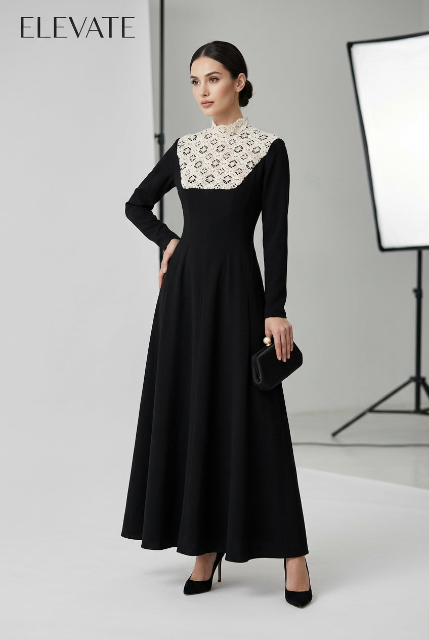 Black Crochet Yoke Long Sleeve Midi Dress