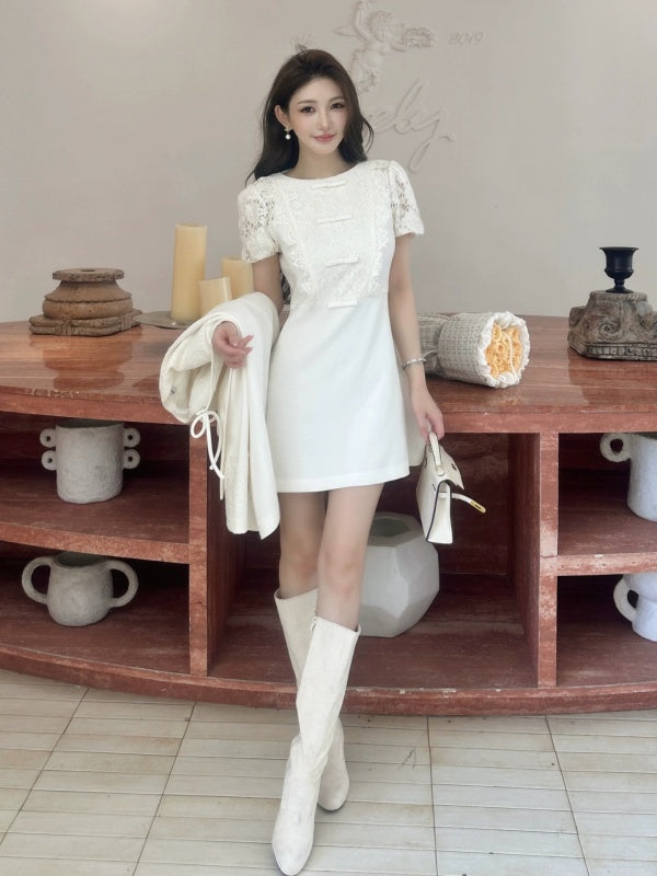 Ivory Lace Bow Detail Mini Dress