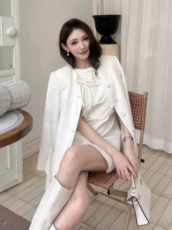 Ivory Lace Bow Detail Mini Dress