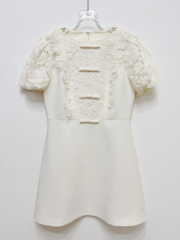 Ivory Lace Bow Detail Mini Dress