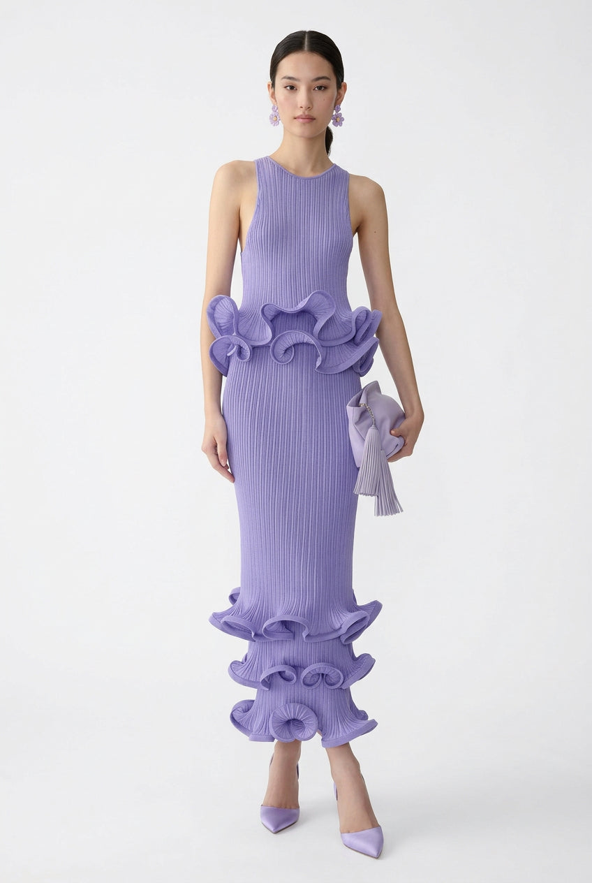 Lavender Ruffle Trim Ribbed Midi Dress