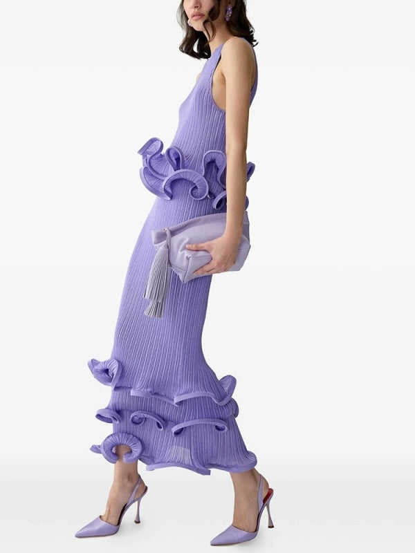 Lavender Ruffle Trim Ribbed Midi Dress