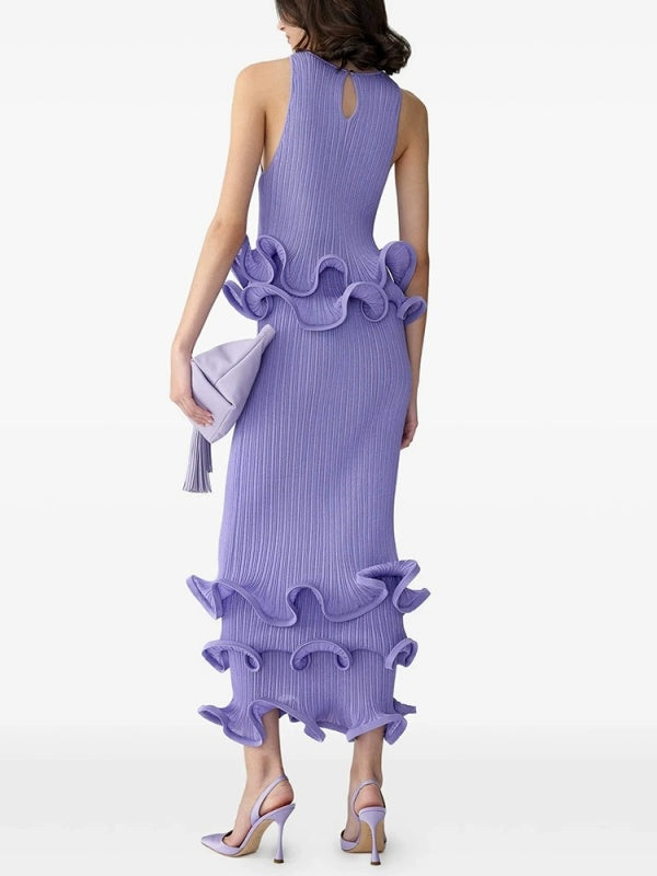 Lavender Ruffle Trim Ribbed Midi Dress