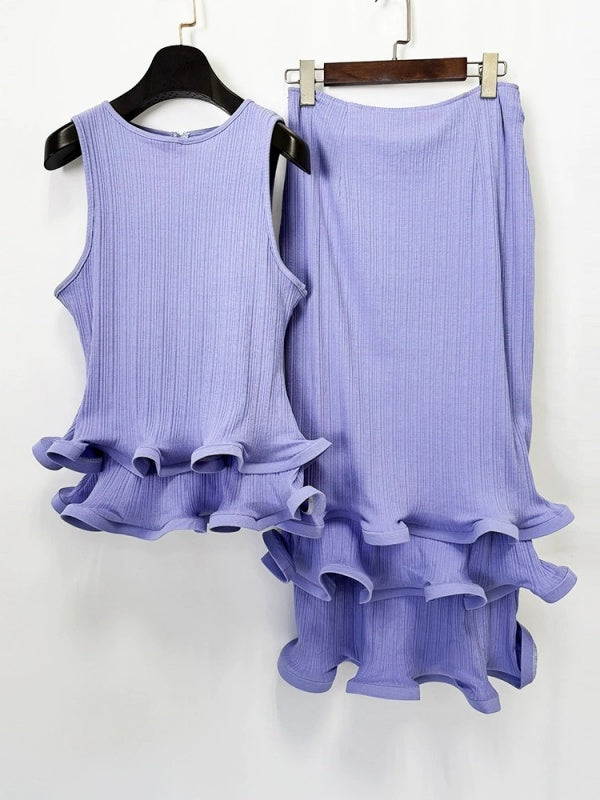 Lavender Ruffle Trim Ribbed Midi Dress