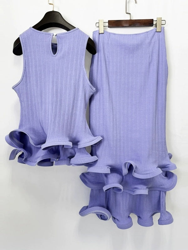 Lavender Ruffle Trim Ribbed Midi Dress