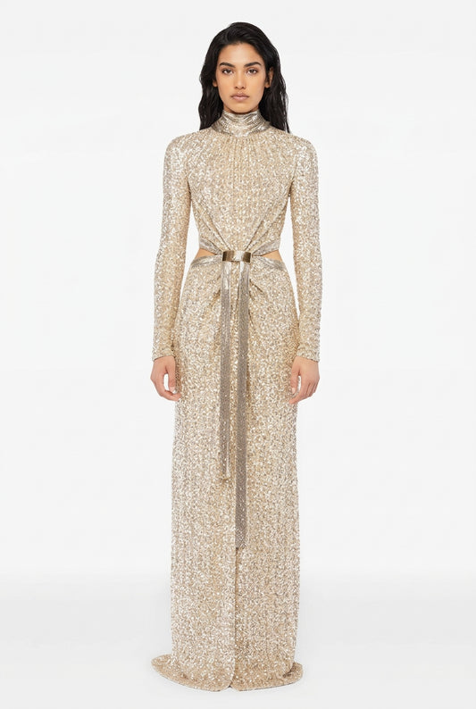 Champagne Sequin Cutout Waist Gown