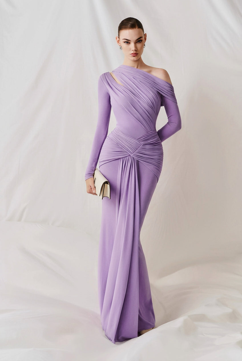 Lavender One-Shoulder Draped Maxi Dress