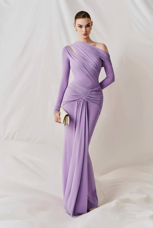 Lavender One-Shoulder Draped Maxi Dress