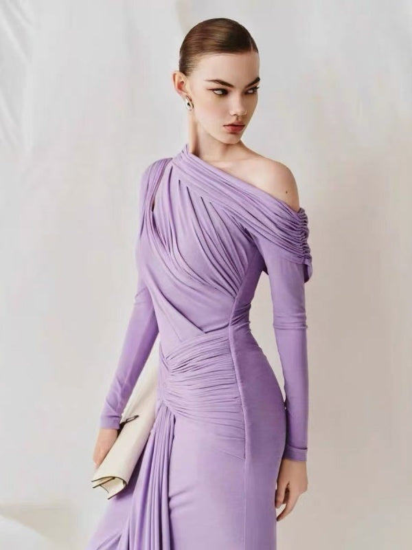 Lavender One-Shoulder Draped Maxi Dress