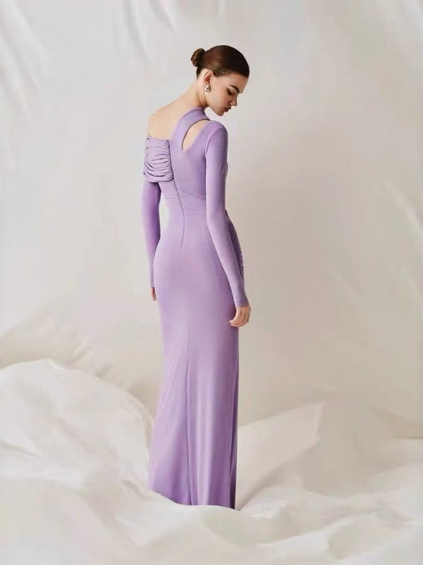 Lavender One-Shoulder Draped Maxi Dress