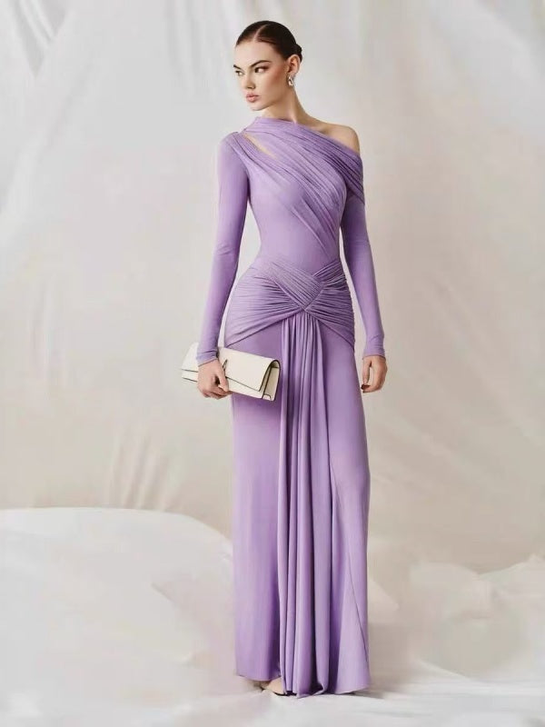 Lavender One-Shoulder Draped Maxi Dress