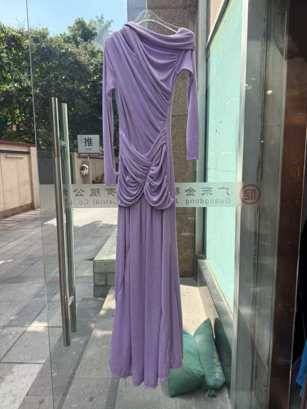 Lavender One-Shoulder Draped Maxi Dress