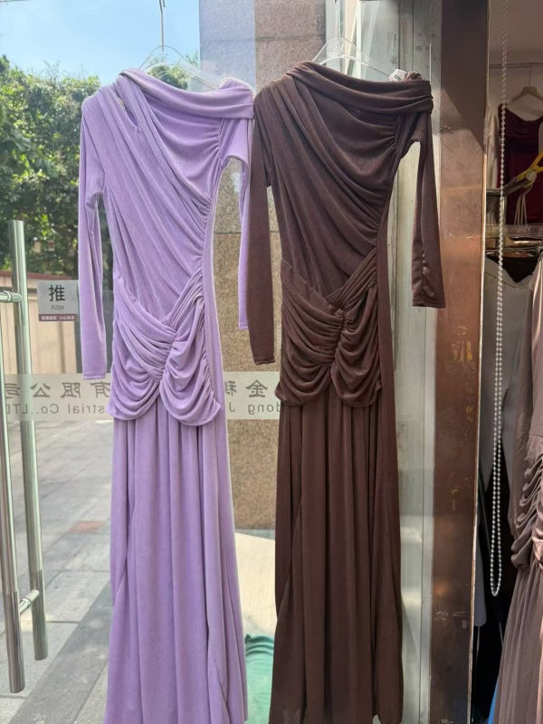 Lavender One-Shoulder Draped Maxi Dress