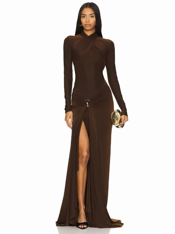 Chocolate Twist Front Slit Maxi Dress