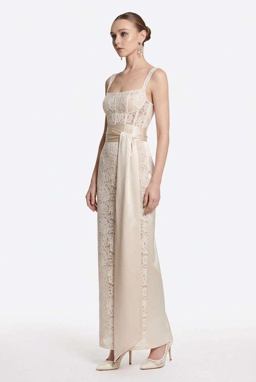Champagne Lace Sash Maxi Dress