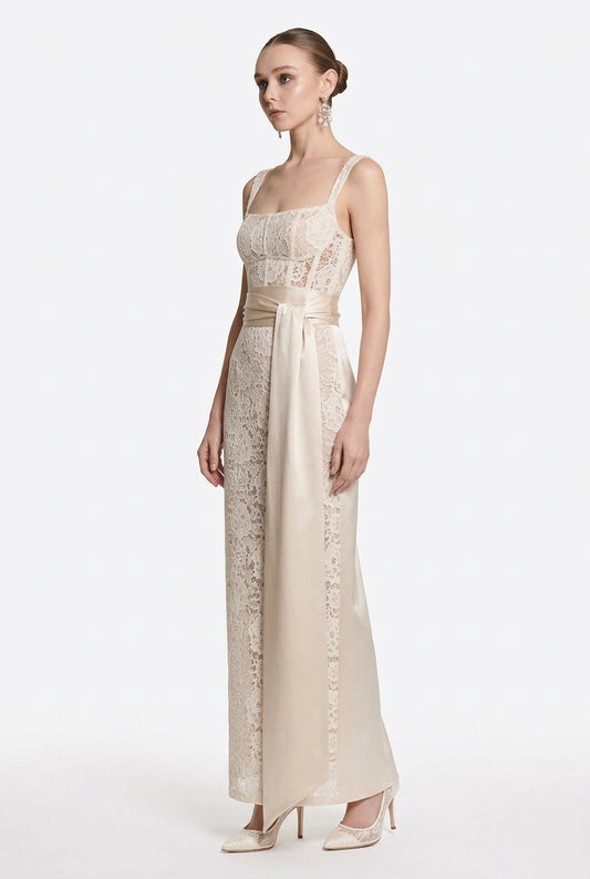 Champagne Lace Sash Maxi Dress